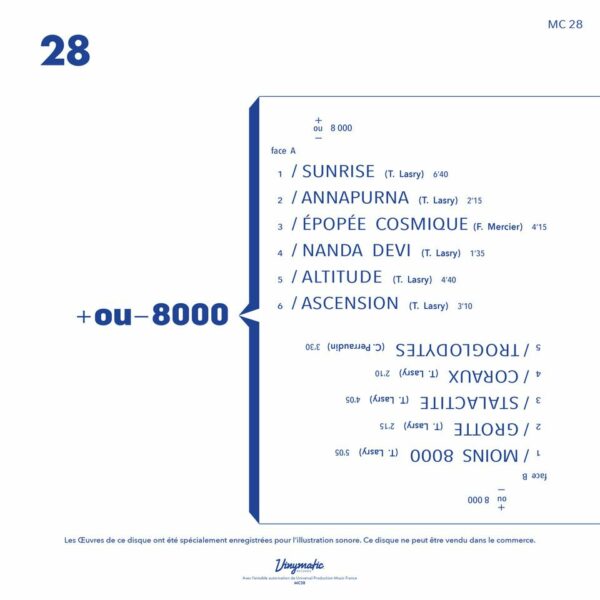 Réédition vinyle + Ou – 8000 de Teddy Lasry, pochette arrière avec liste des titres et crédits, musique de film et jazz fun