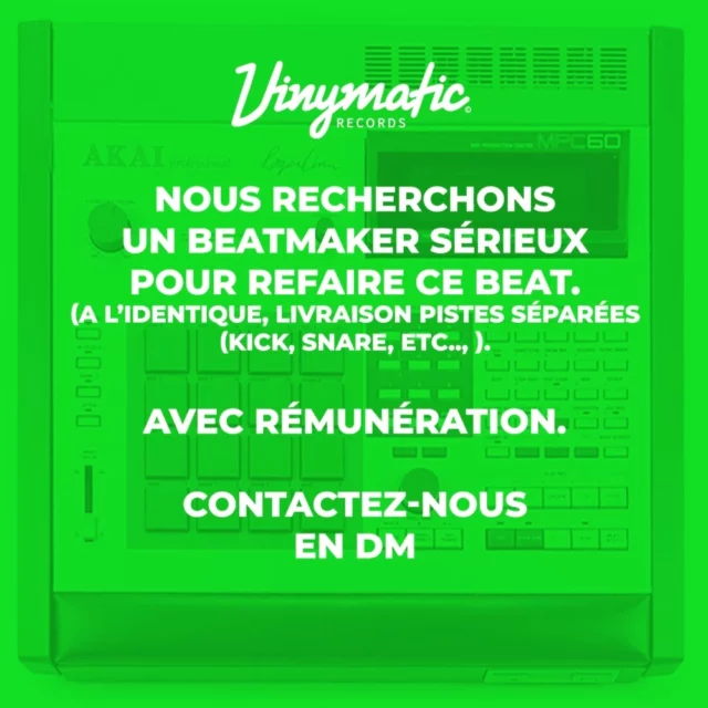 Hello, nous recherchons assez urgemment un beatmaker (pas forcément hip hop) pour refaire ce beat. Ce travail est bien entendu rémunéré selon vos conditions. Les éléments (BD, Quick, snare, slide, etc..) devront être de qualité et "Claqué" (peut-être s'inspiré des drum machines old school).
Si vous êtes intéressés, contactez nous en DM. Pensez à envoyer vos liens ou réalisations. Merci d'avance
#beatmakers