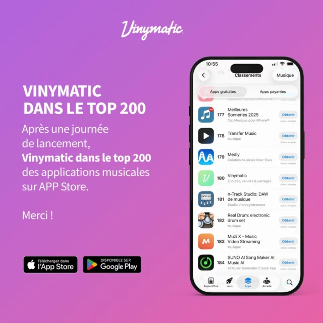 Vinymatic entre directement dans le top 200 des applications musicales sur l’App Store en seulement une journée, et cela avec un lancement limité à la France. Une vraie satisfaction !
#app #music #vinyl #applemusic