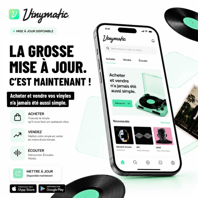 🚨 MISE À JOUR IMPORTANTE DE VINYMATIC ! 🚨
🎶 La plateforme dédiée aux passionnés de vinyles évolue !
Vous aimez les vinyles ? Vous collectionnez, chinez, achetez, vendez ou cherchez simplement à redécouvrir la magie du disque ?
Alors Vinymatic est faite pour vous. 💿
Une plateforme pensée pour rassembler tous les passionnés autour de leur collection, leurs découvertes et leur passion du vinyle.
Aujourd’hui, nous franchissons une nouvelle étape avec une grande mise à jour. 🚀
Vous avez été parmi les premiers à télécharger Vinymatic, et nous tenions à vous remercier sincèrement. ❤️
Nous avons lancé l’application en janvier dernier, discrètement, sans grande campagne de communication, avec un objectif simple : prendre le temps d’écouter vos retours, comprendre vos besoins et améliorer Vinymatic avec l’aide de sa première communauté.
Vos remarques, vos suggestions et vos retours nous ont permis de faire évoluer l’application au quotidien.
Après plusieurs mois de travail, nous sommes heureux de vous proposer aujourd’hui une nouvelle version :
✨ plus complète
✨ plus fluide
✨ plus proche de notre vision
Cette mise à jour marque une nouvelle étape pour Vinymatic, et vous faites partie de cette aventure depuis le début.
🙏 Merci de nous accompagner dans cette histoire autour du vinyle.
🚀 La mise à jour est disponible dès maintenant !
Si vous avez déjà Vinymatic :
➡️ mettez à jour l’application depuis l’Apple App Store ou le Google Play Store.
Si vous ne connaissez pas encore Vinymatic :
🎧 téléchargez l’application et rejoignez la communauté des passionnés de vinyles !
À très vite sur Vinymatic 🎵
#Vinymatic #Vinyle #VinylCommunity #VinylLovers #CollectionVinyle