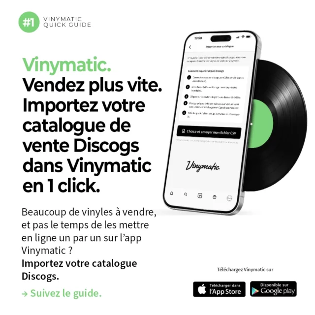 VENDEZ VOS VINYLES PLUS VITE
Vous avez des dizaines, des centaines de vinyles à vendre… mais pas le temps de les ajouter un par un ?
Importez votre catalogue Discogs dans Vinymatic en quelques clics et mettez vos vinyles en vente rapidement.
→ Suivez le guide :
1️⃣ Exportez votre catalogue Discogs au format .csv
2️⃣ Créez votre compte sur l’application Vinymatic
3️⃣ Renseignez vos informations bancaires dans la rubrique « Mon compte » pour recevoir vos paiements
4️⃣ Rendez-vous dans votre espace personnel, rubrique « Ma boutique »
5️⃣ Sélectionnez « Choisir et envoyer mon fichier CSV »
6️⃣ Envoyez votre catalogue…
Vos vinyles sont prêts à être vendus !
Vinymatic est maintenant disponible sur Apple Store et Google Play
#Vinymatic #Vinyle #Vinyl #VinylCommunity #VinylCollector CollectionVinyle Disquaire PassionVinyle VenteVinyle DisquesVinyles RecordCollector